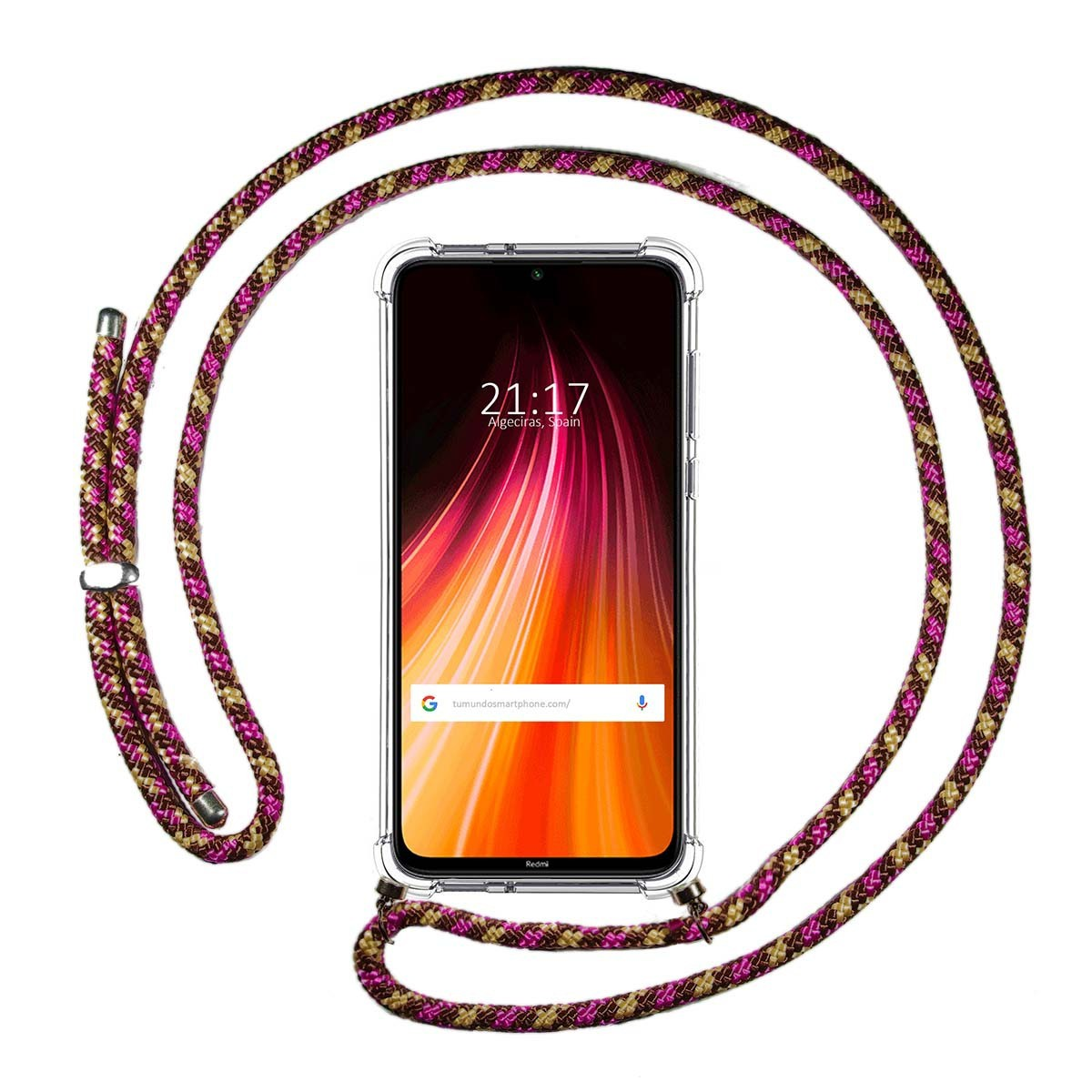 Custodia con cordino. Il cordino è rosa, giallo e marrone. Il telefono mostra un tramonto.