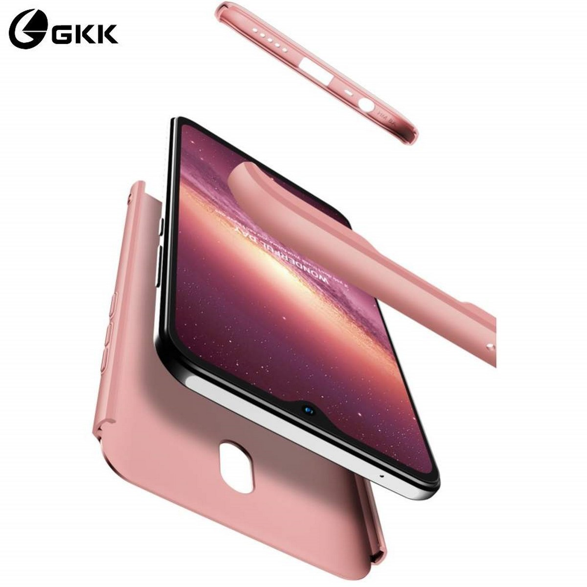 Funda de teléfono rosa en piezas. Pantalla de teléfono visible. Marca GKK arriba a la izquierda.