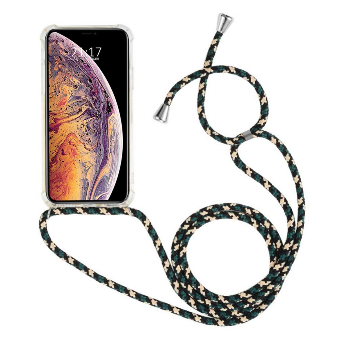 Un telefono con custodia a tracolla, con uno schermo del telefono.