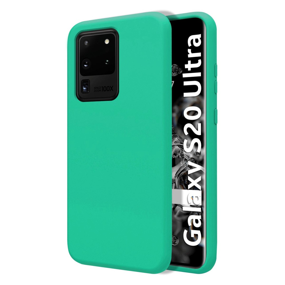 Custodia per telefono verde. Lo schermo mostra il testo bianco: Galaxy S20 Ultra.