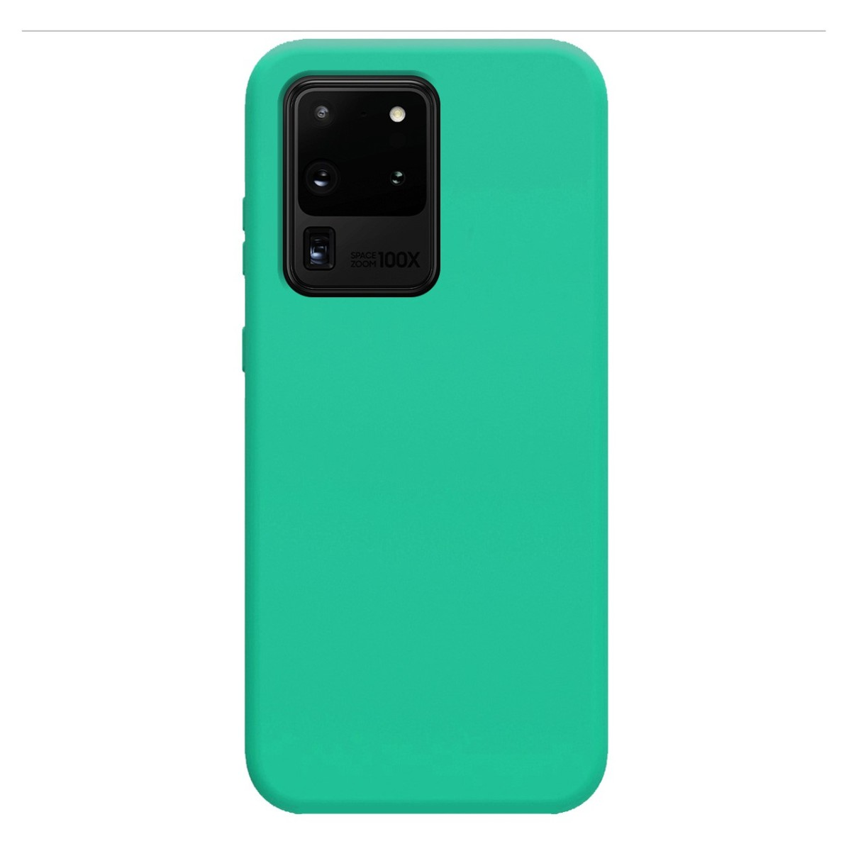 Custodia per telefono color verde acqua. La custodia è di colore verde acqua unito con un modulo fotocamera nero.