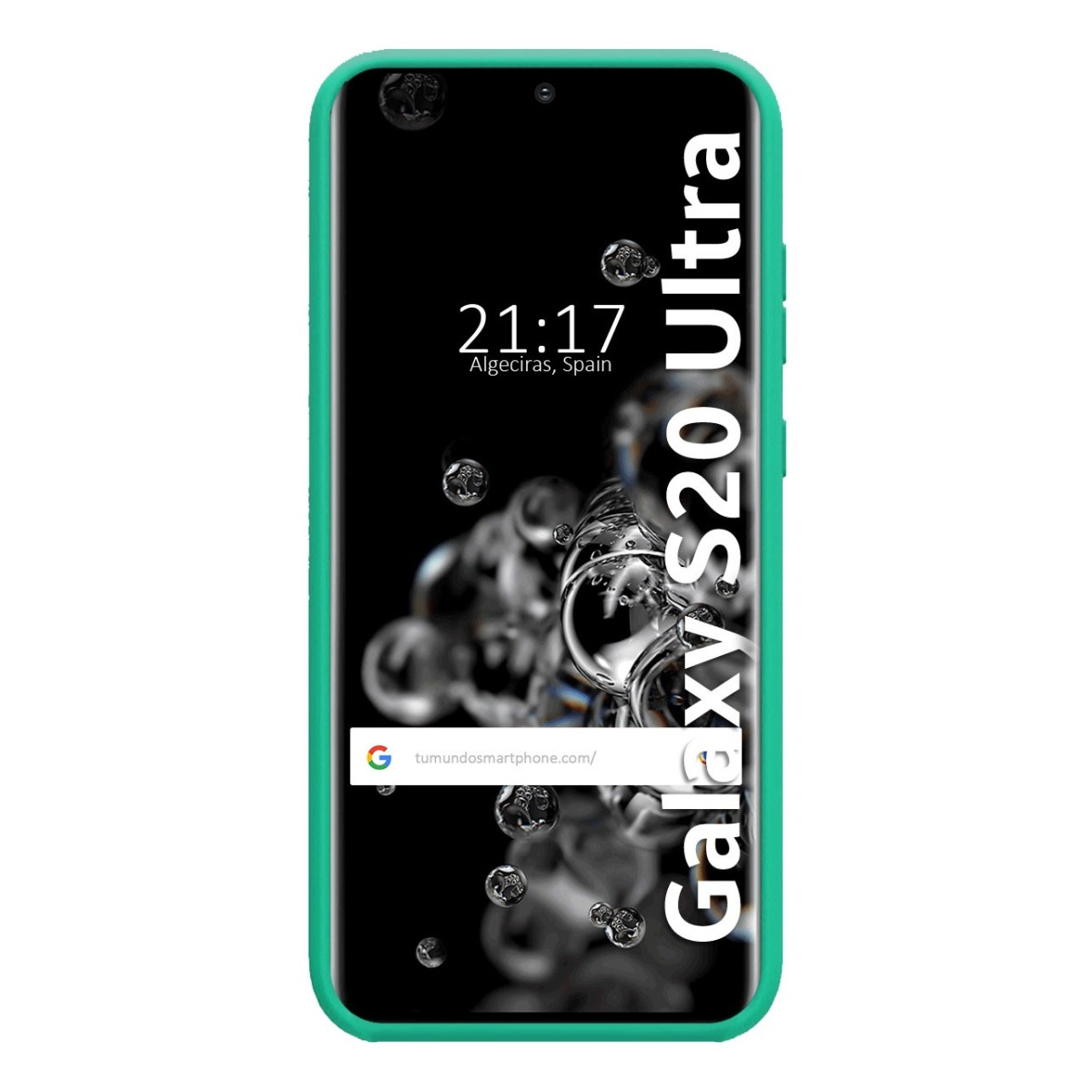 Telefono con custodia verde, dice Galaxy S20 Ultra.