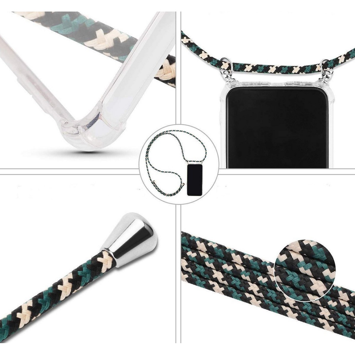 Cinturino per telefono in più viste con un motivo nero e verde e dettagli metallici.