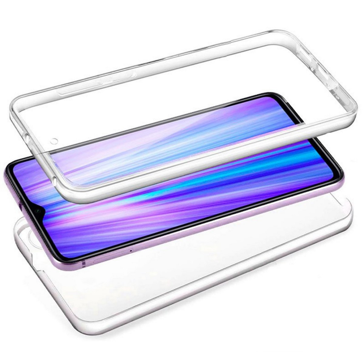 Custodia trasparente. Il telefono è nella custodia e mostra una sfumatura viola e blu.