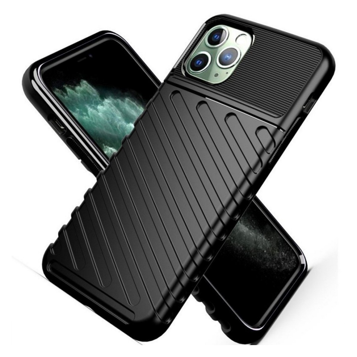Funda de teléfono negra con superficie texturizada. Dos teléfonos se superponen. Los teléfonos parecen ser negros.