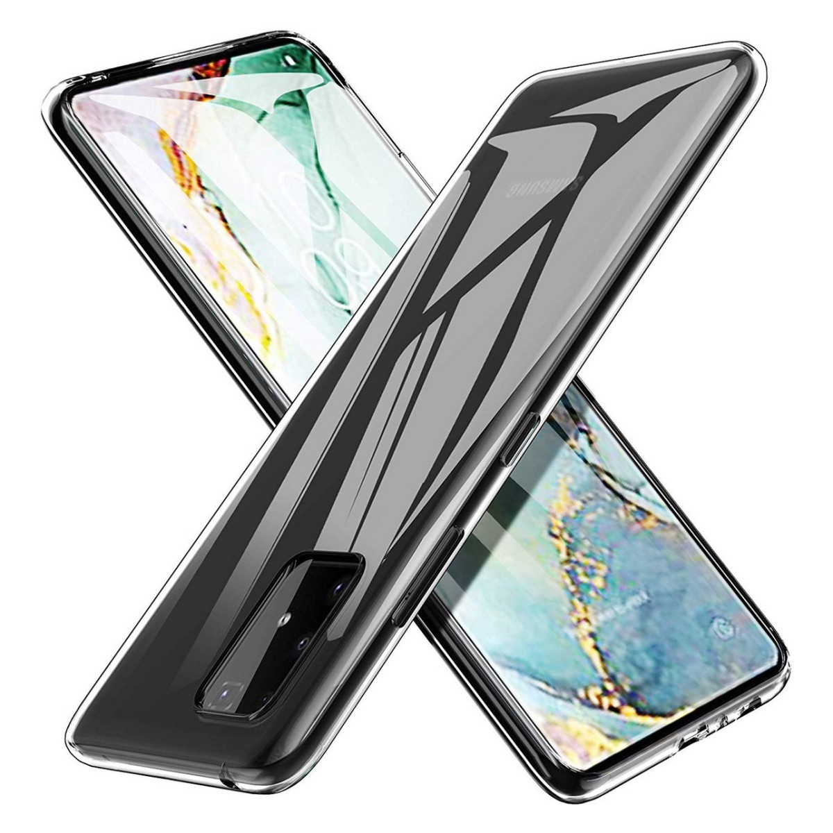 Dos teléfonos superpuestos, con fundas transparentes. Los teléfonos están ligeramente angulados.
