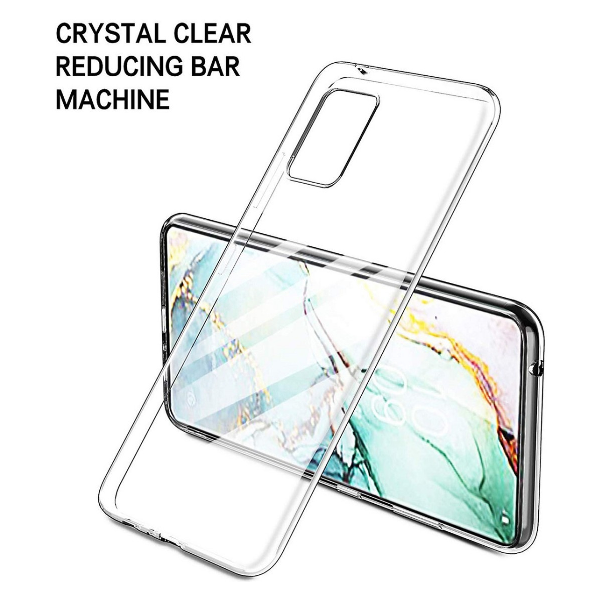 Funda transparente para teléfono encima de un teléfono, con texto sobre el producto.