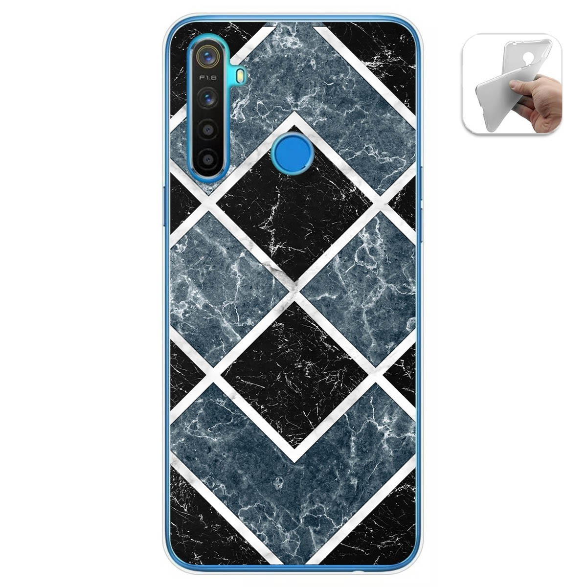 Funda de teléfono con patrón geométrico. Efecto mármol gris y negro con líneas blancas.