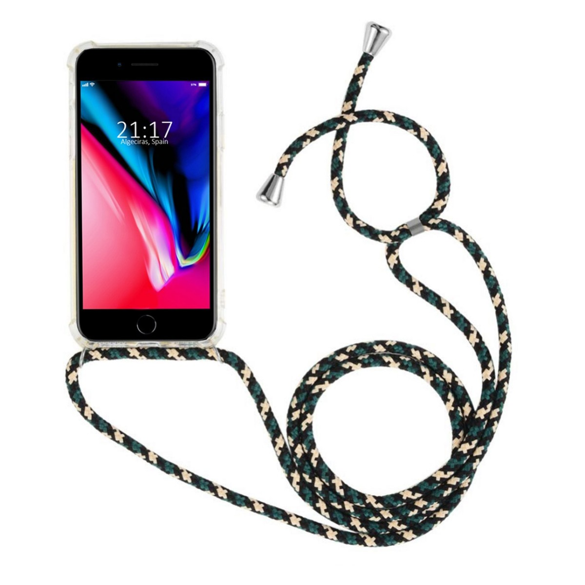 Teléfono con correa, que muestra un teléfono con una pantalla que muestra una hora y un mapa.