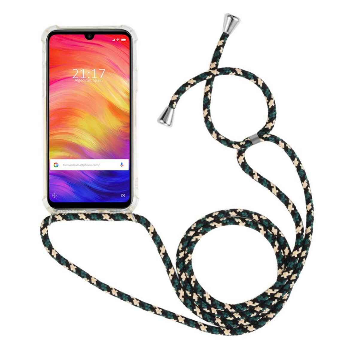 Telefono con schermo colorato, attaccato a un cordino con motivo verde e nero.