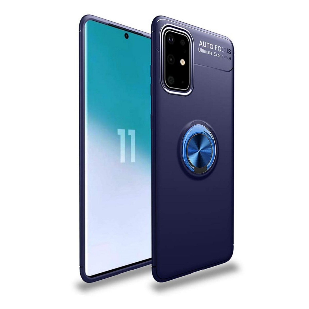 Custodia per telefono blu scuro con un supporto ad anello sul retro.