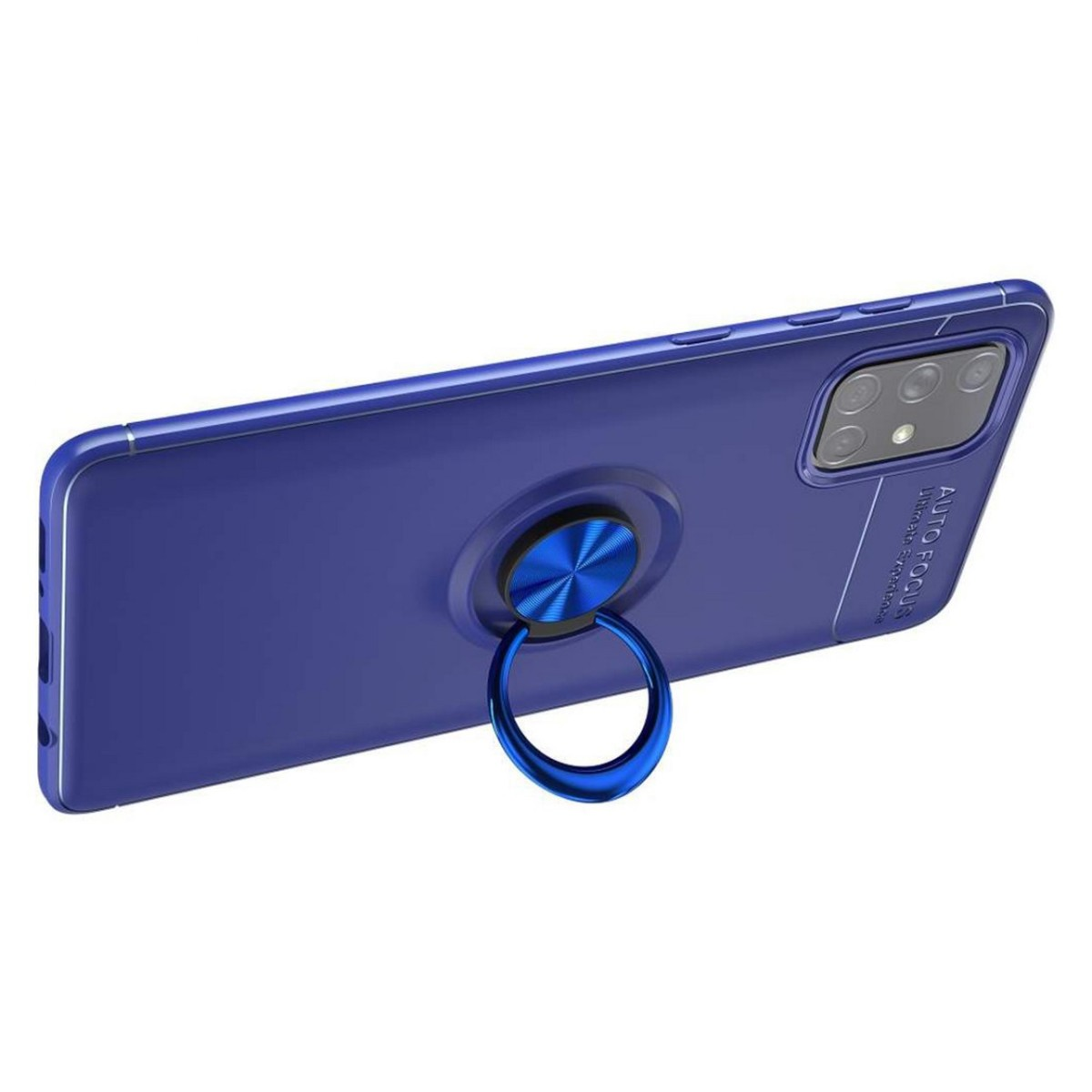 Una custodia blu navy con un supporto ad anello blu. L'anello ha una forma circolare.