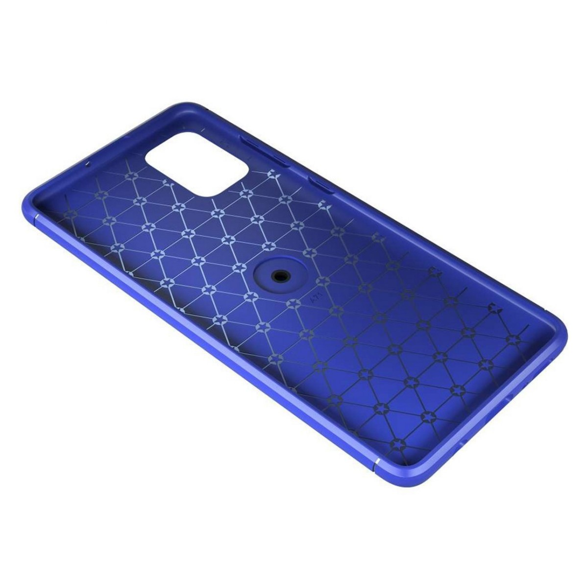 Interno della custodia del telefono blu con un motivo geometrico.