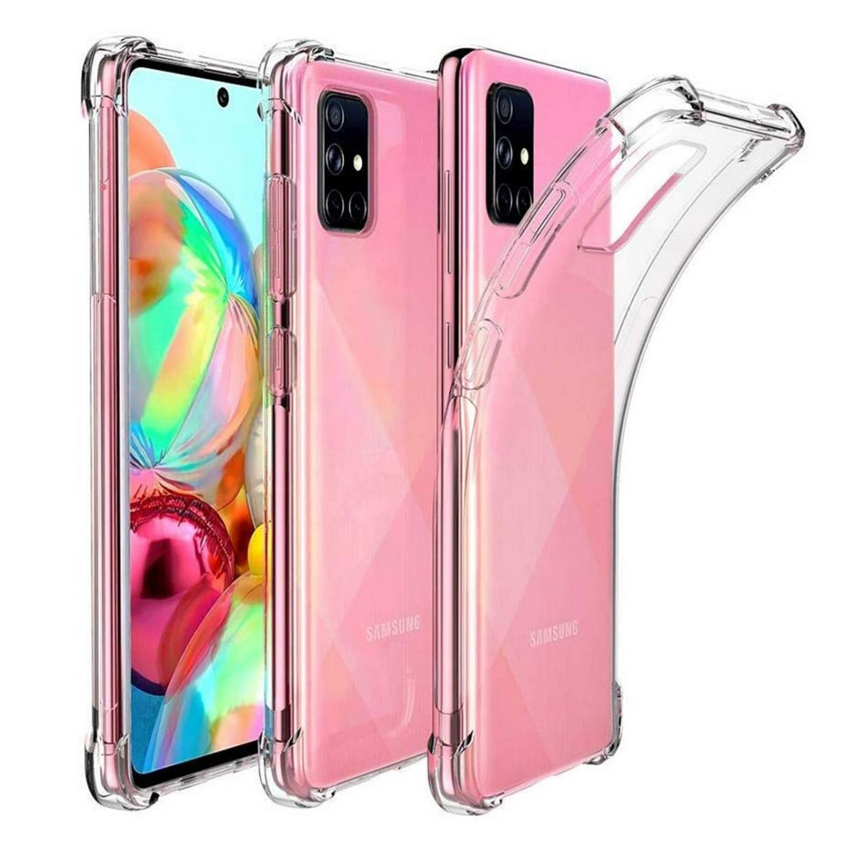 Tre custodie rosa, una aperta, con un telefono rosa all'interno e sfondo bianco.