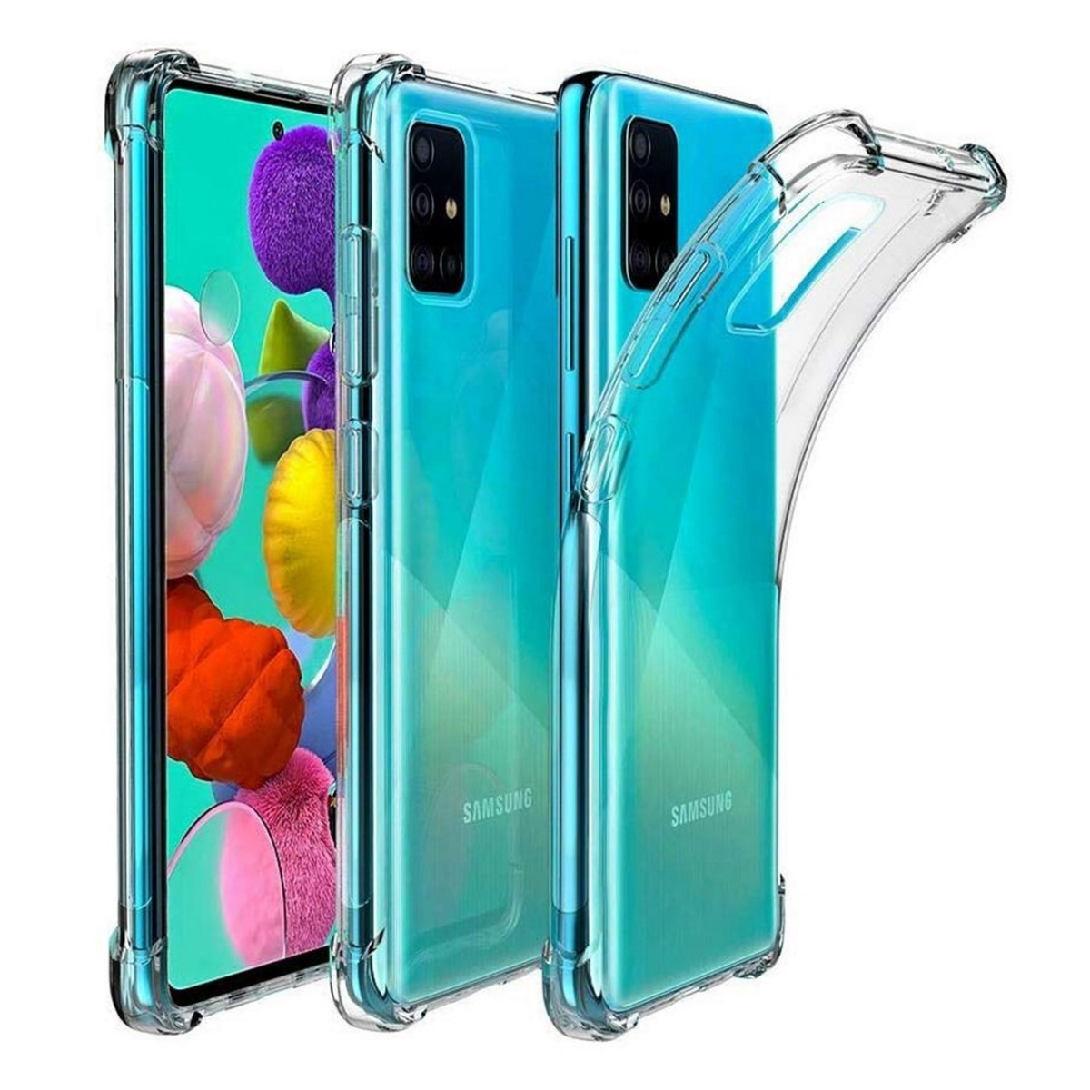 Tre telefoni in custodie, custodie trasparenti su telefoni blu. Sfondo bianco.