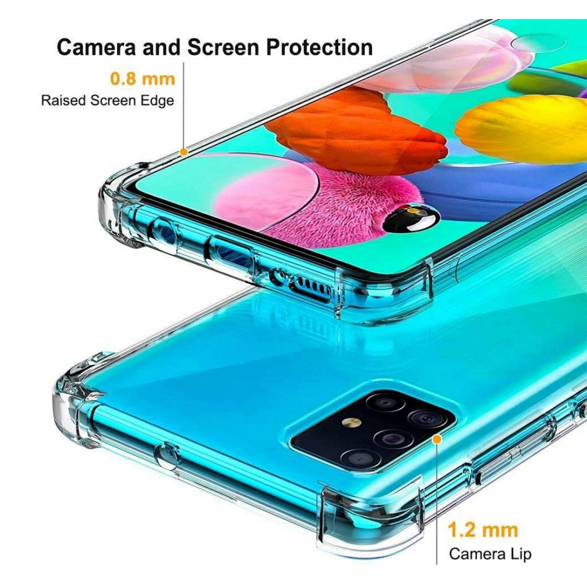 Due custodie per telefono impilate. Quella superiore mostra la protezione dello schermo e della fotocamera. Quella inferiore è blu.