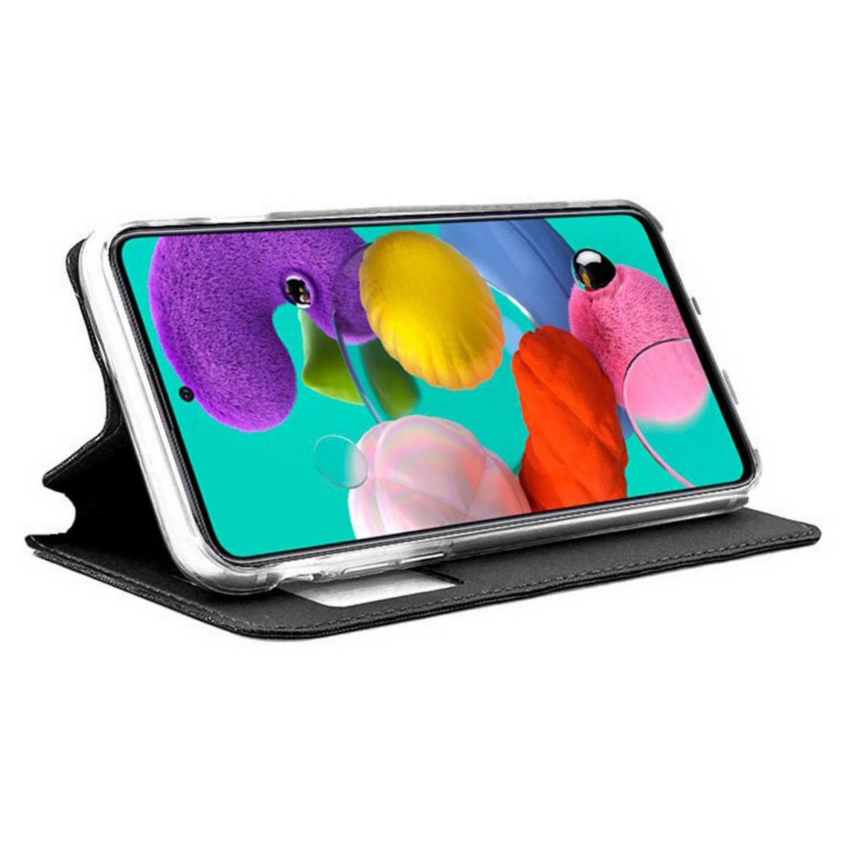 Telefono in custodia nera, schermo con forme colorate astratte su sfondo teal.
