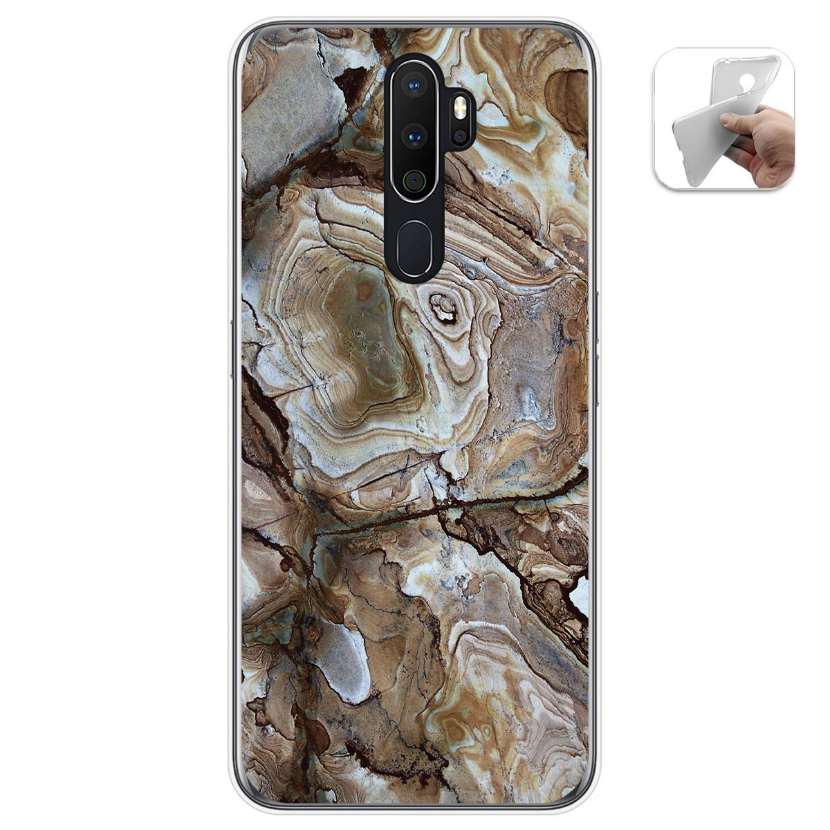Funda de teléfono con un patrón de piedra veteada marrón y beige.