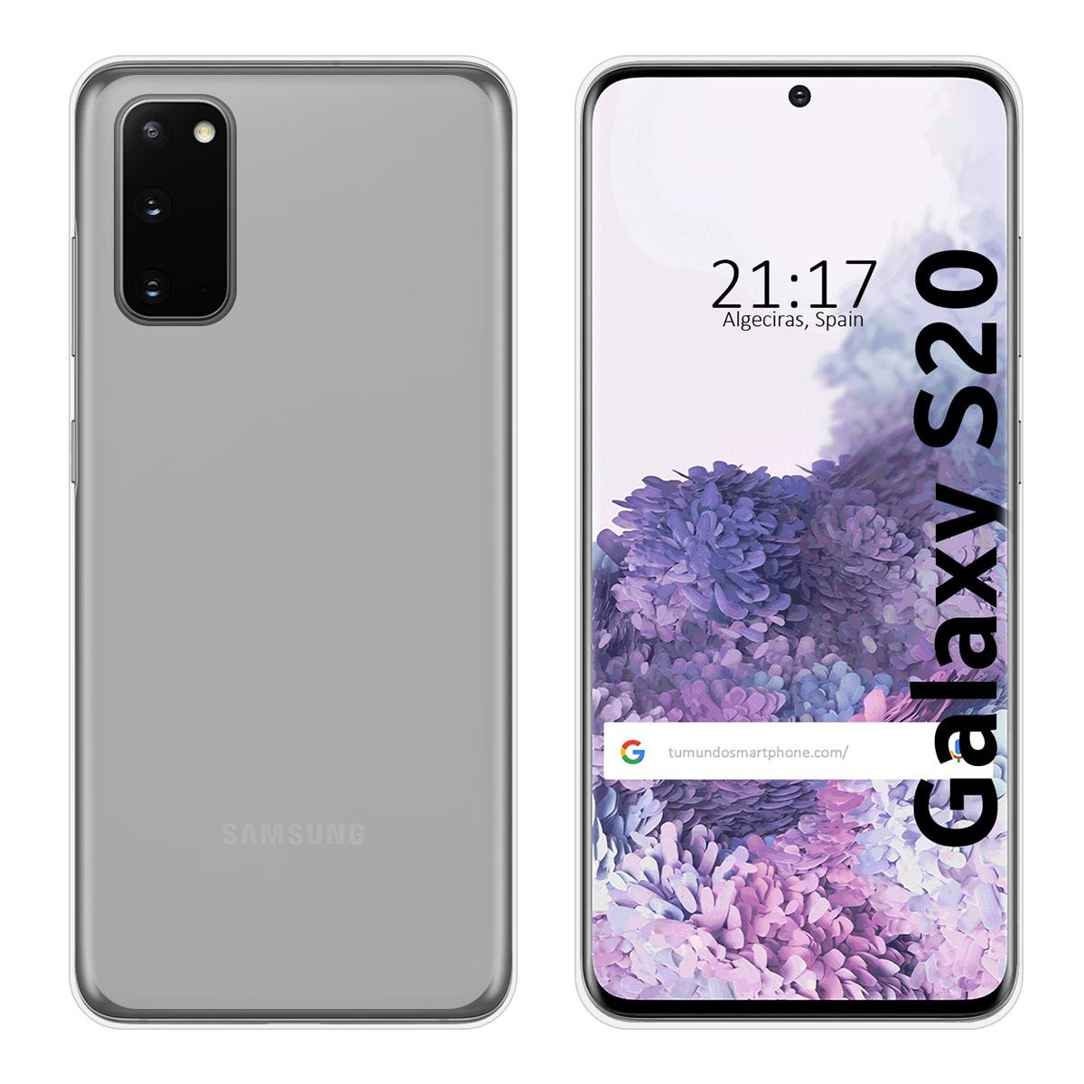 Una custodia per telefono mostra uno smartphone con uno schermo colorato che mostra un sito web e l'ora.