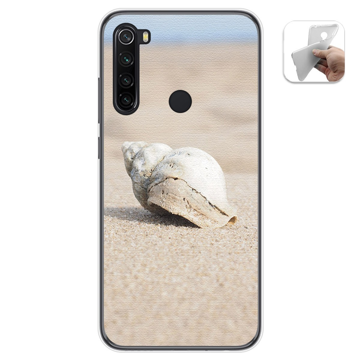 Funda de teléfono con una concha en una playa arenosa con cielo azul claro.