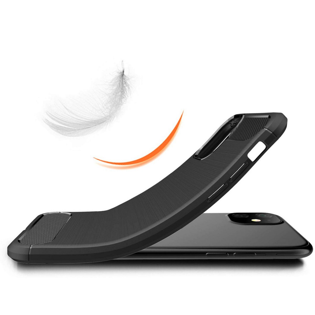 Funda de teléfono negra en ángulo, con un gráfico de pluma y una franja naranja curva.