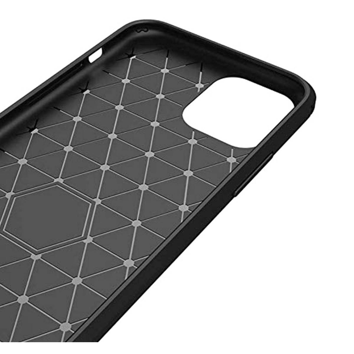 Funda de teléfono negra con un patrón geométrico en el interior.