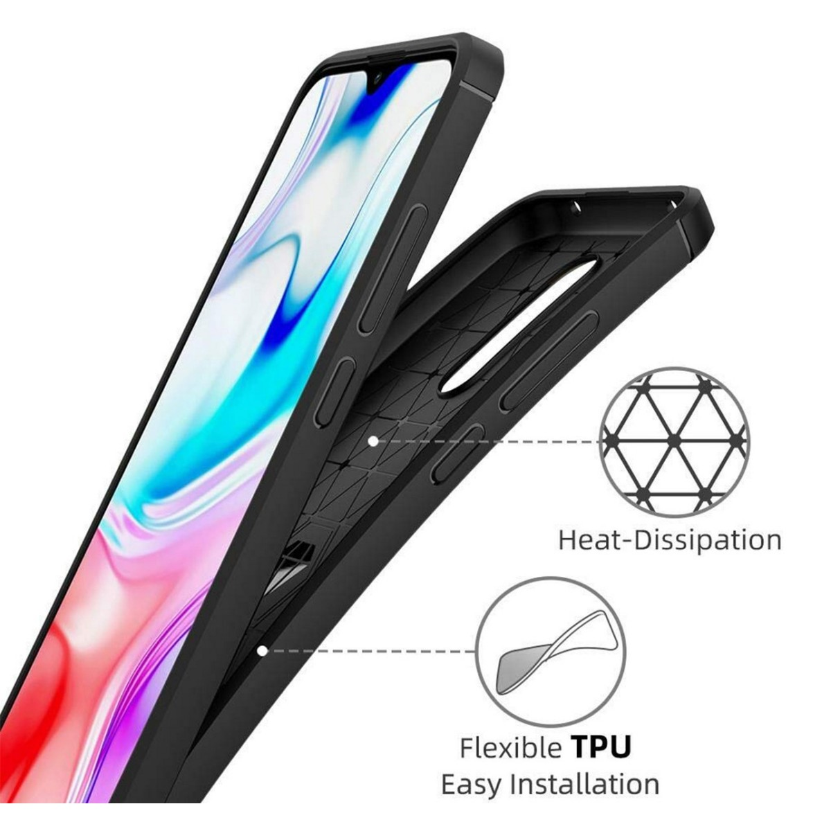Custodia nera, aperta. Mostra l'interno con un design a griglia e un telefono.