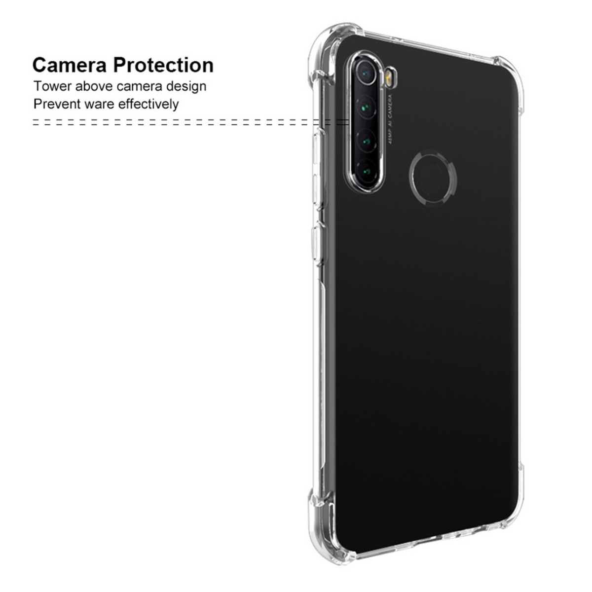 Una custodia per telefono nera con funzioni di protezione della fotocamera, il testo descrive il design di protezione della fotocamera.
