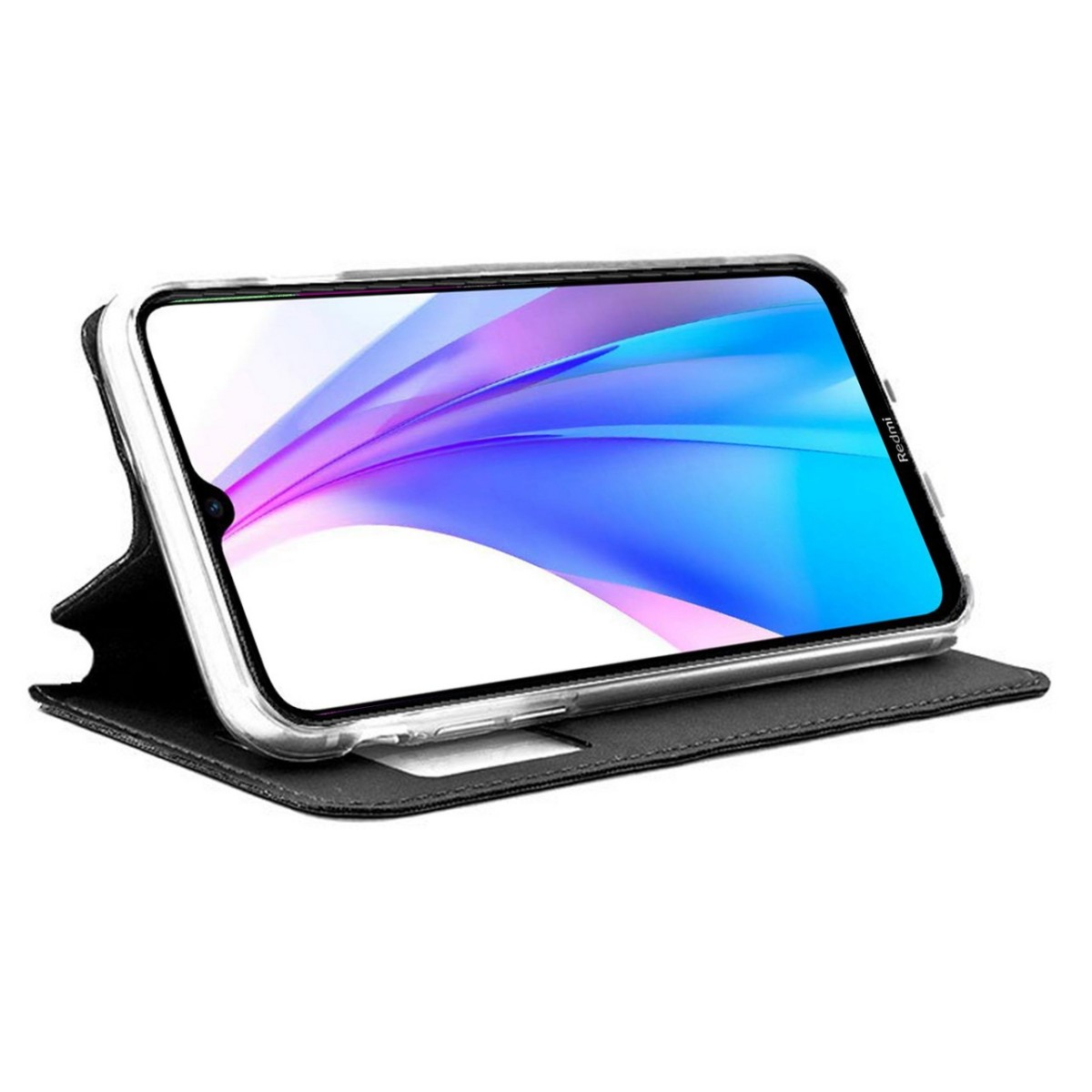 Un telefono in una custodia a libro nera. Lo schermo mostra forme astratte colorate.