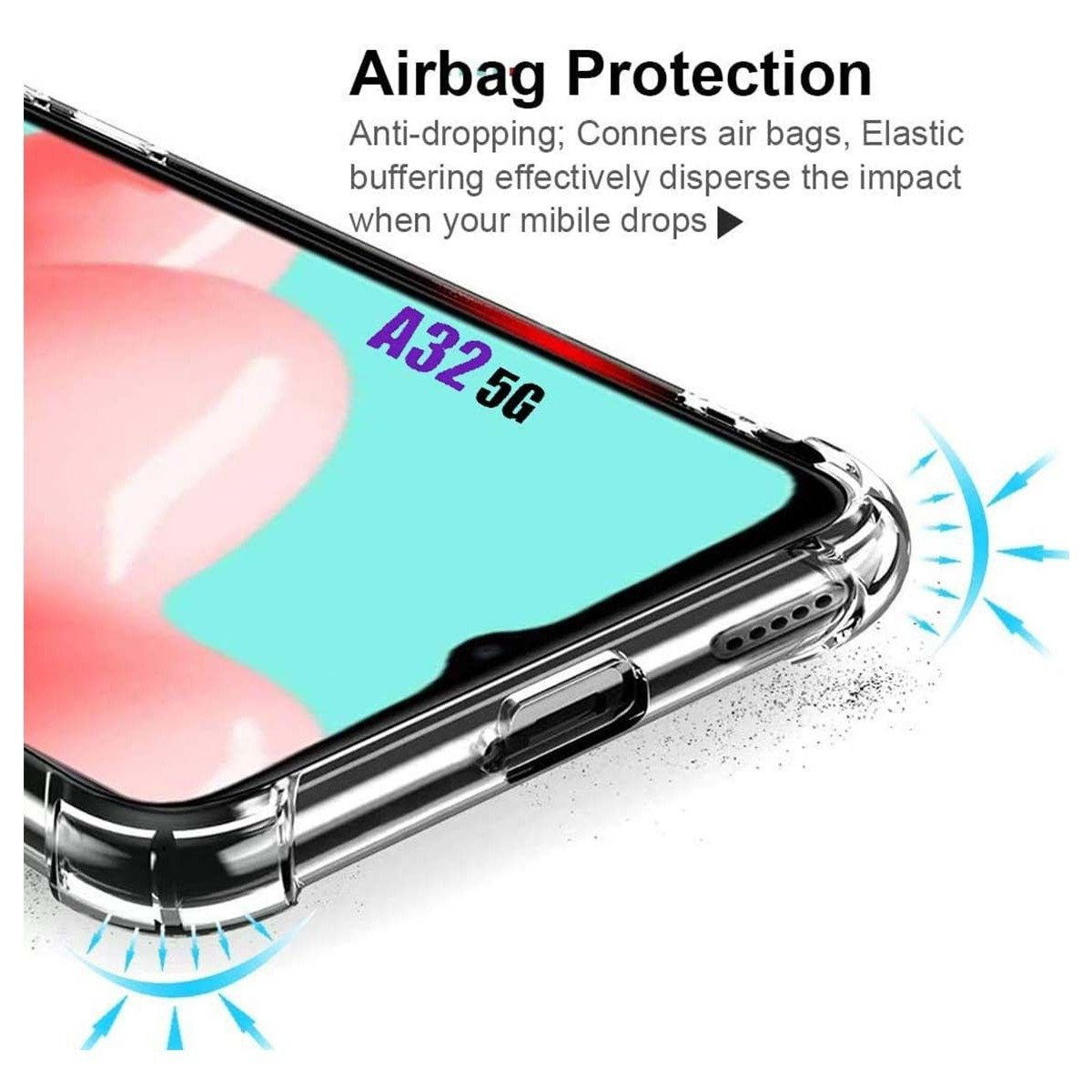 Primo piano di una custodia per telefono, che mostra le funzioni di protezione airbag.
