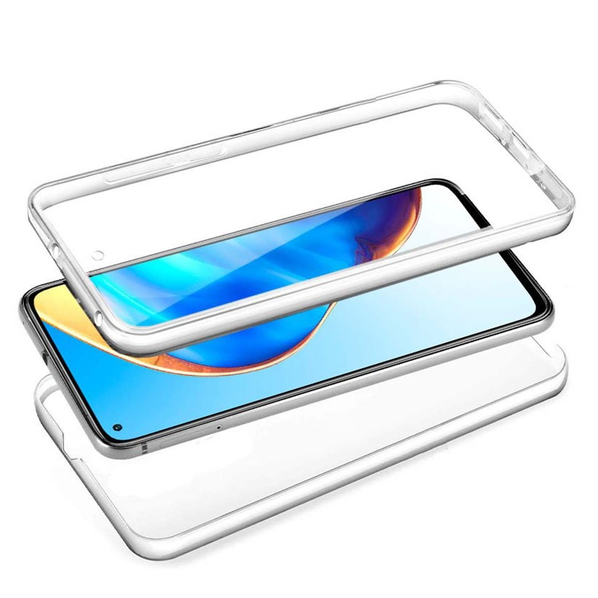 Funda transparente con teléfono dentro. Tres piezas.