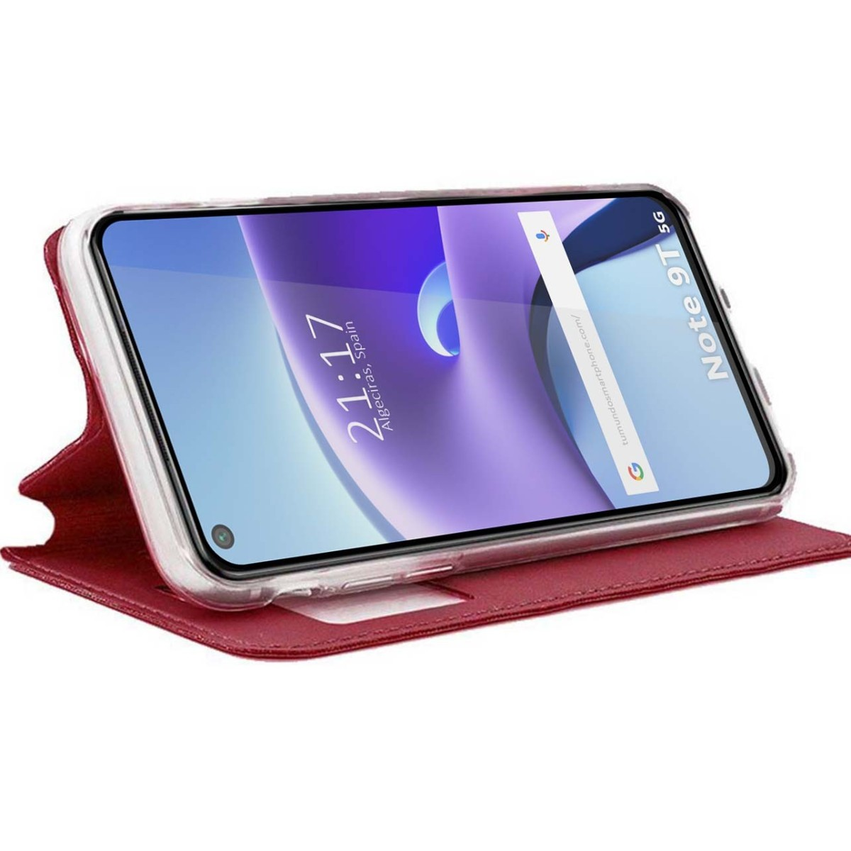 Telefono in una custodia a portafoglio in pelle rossa. Lo schermo mostra l'interfaccia della schermata iniziale.