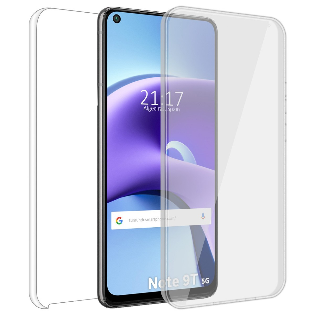 Pellicola protettiva trasparente sullo schermo. Schermo mostra ora e 'Note 9T 5G'.