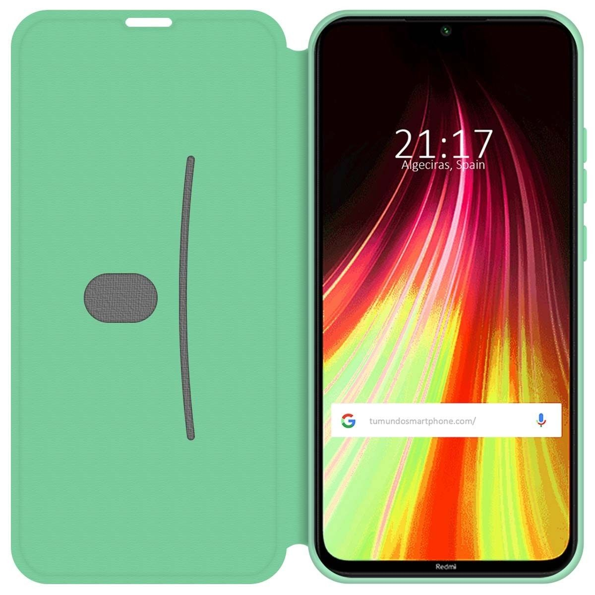 Funda de teléfono verde menta, abierta, con pantalla de teléfono. Se muestra la hora y líneas.
