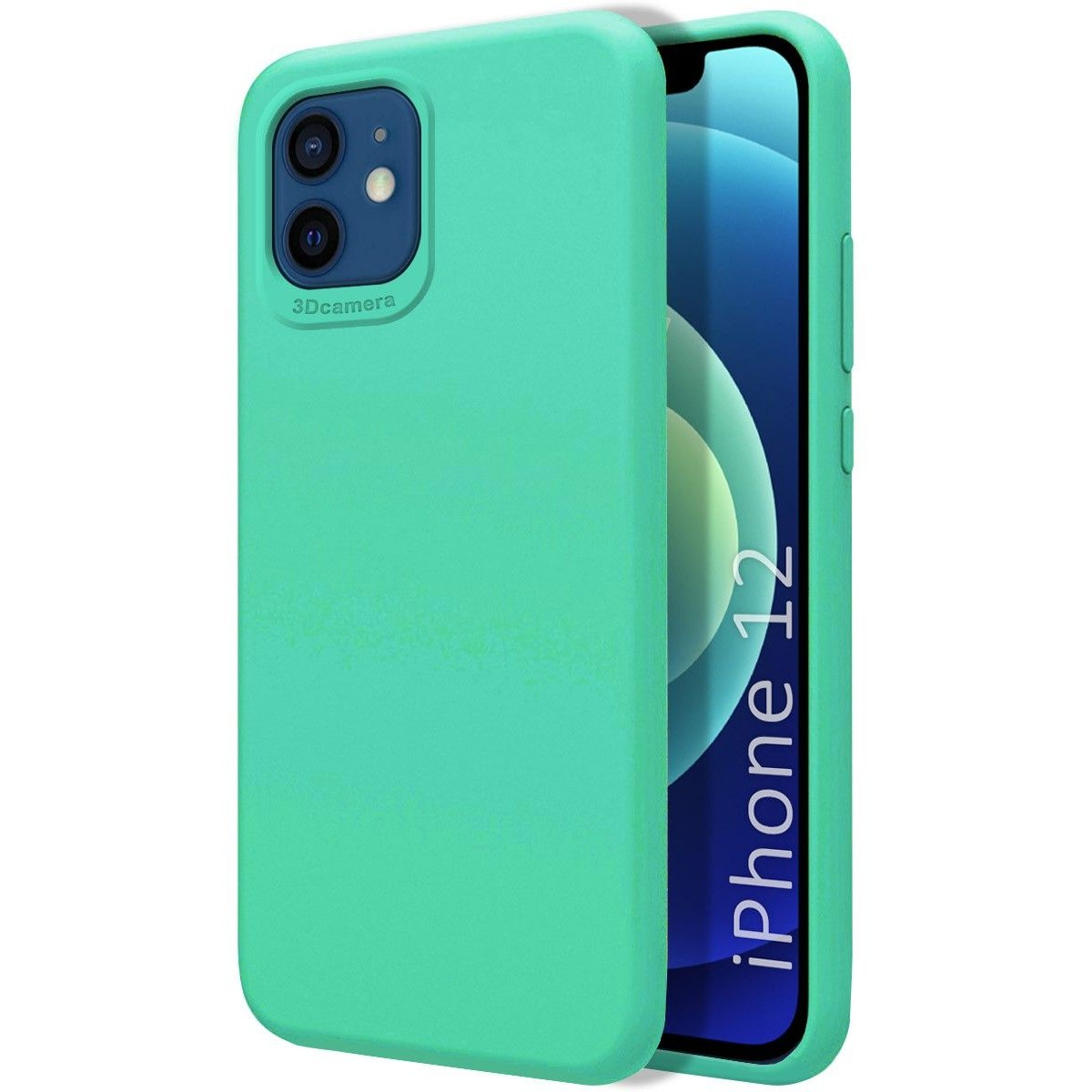 Custodia per telefono verde e un iPhone 12. Anche la custodia del telefono è verde.