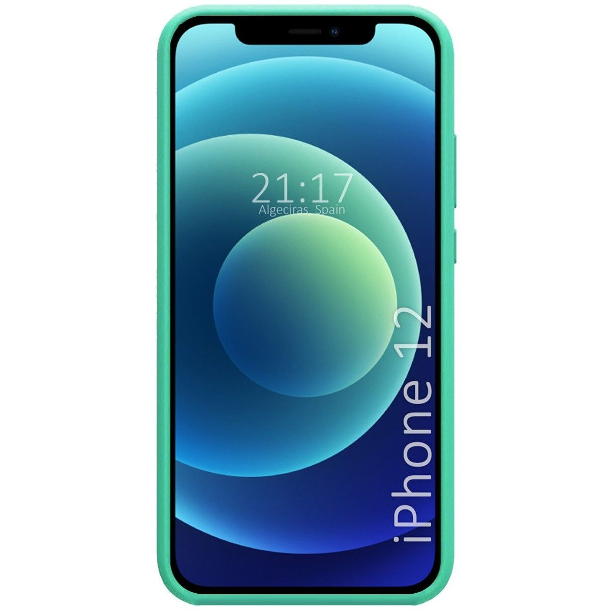 Custodia per telefono verde con uno schermo sfumato blu e verde. Il telefono mostra l'ora.