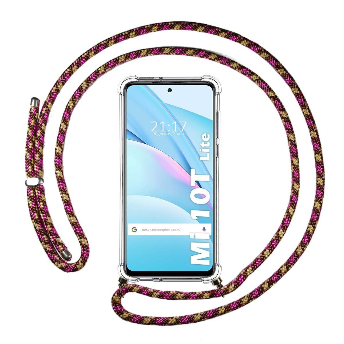 Custodia trasparente con un telefono. Una corda rosa-marrone è intorno al telefono.