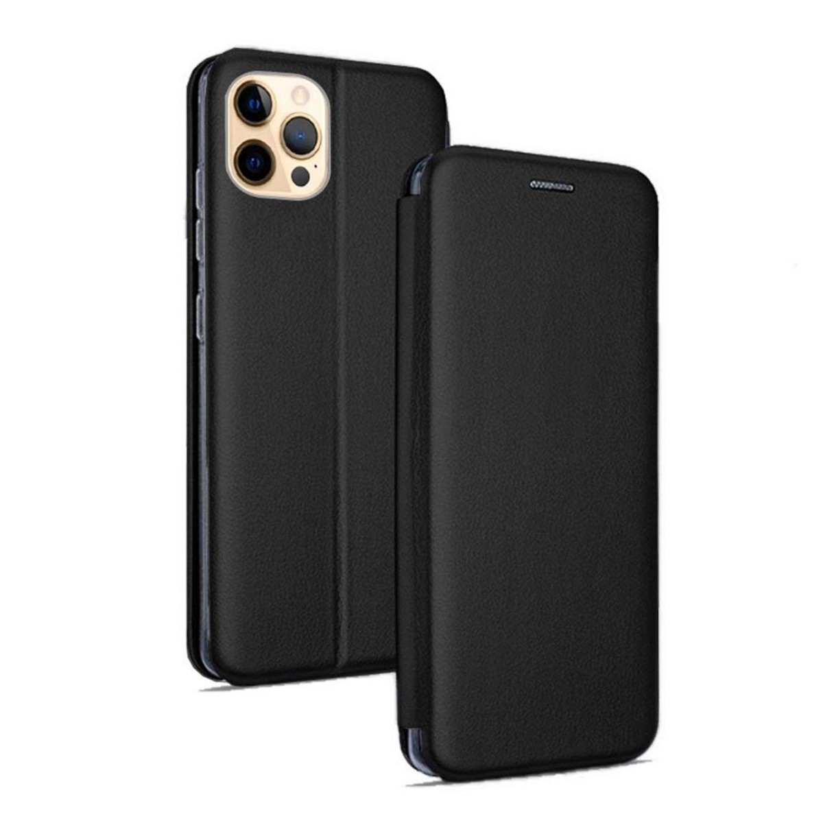 Custodia per telefono in pelle nera, aperta. Telefono a sinistra, custodia chiusa a destra.