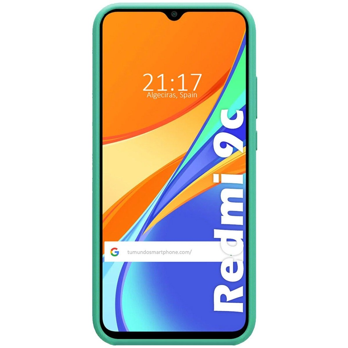 Schermo del telefono che mostra l'ora, Redmi 9c e il sito web. Il telefono è in una custodia verde.