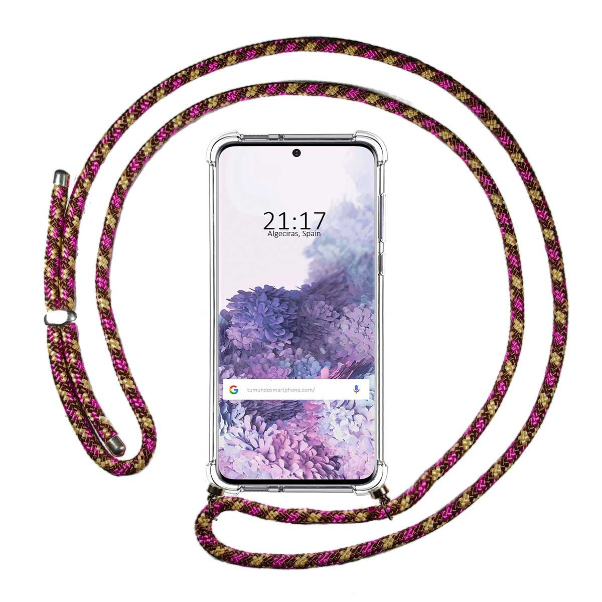 Custodia: cordino rosa-marrone. Schermo: 21:17, sfondo viola, modello di telefono.