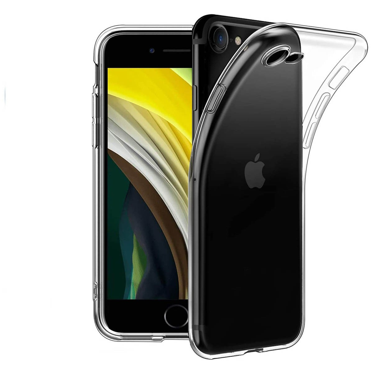Custodia trasparente su un iPhone nero. La custodia è mostrata aperta e il telefono è visibile.