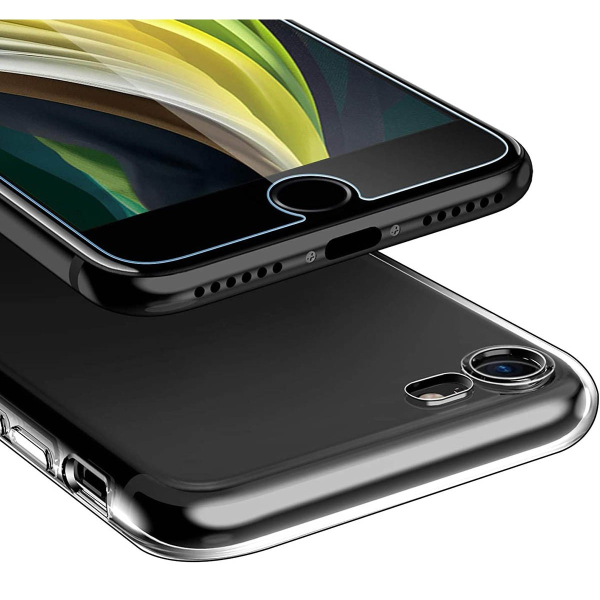 Telefono nero con protezione schermo in vetro. Il telefono è su una superficie bianca.