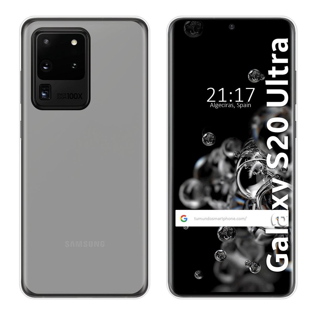 Custodia grigia con logo Samsung. Schermo mostra ora e testo Galaxy S20 Ultra.