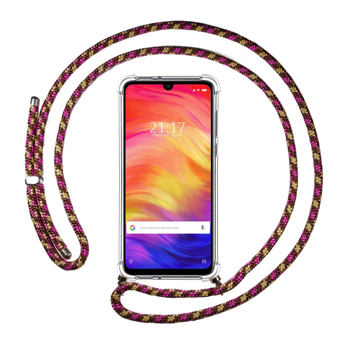 Un telefono in una custodia trasparente con un cinturino colorato. Il telefono mostra l'ora e un logo del sito web.