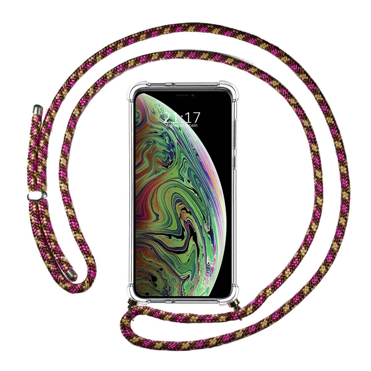 Custodia per telefono con telefono trasparente e collana a corda rosa, gialla e marrone.