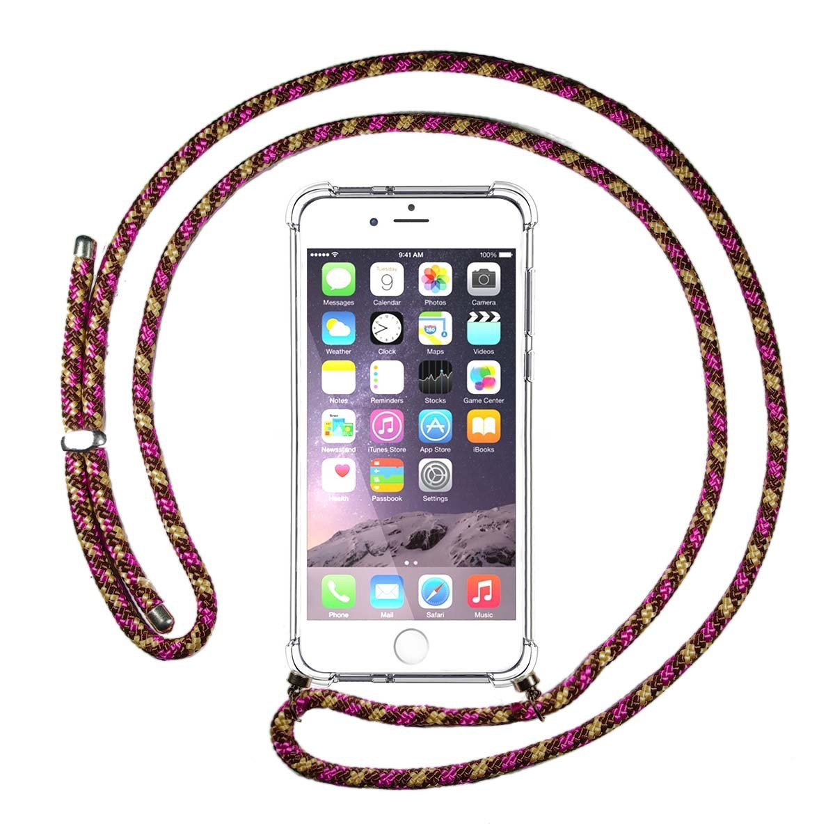Teléfono con un cordón rosa y marrón alrededor del cuello. El teléfono tiene una interfaz.