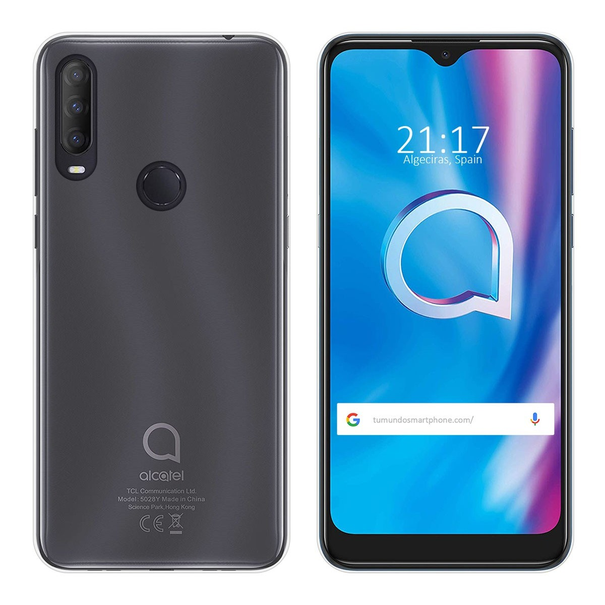 Vista frontal y trasera del teléfono. Carcasa gris con logo en la parte trasera. Pantalla muestra hora y logo.
