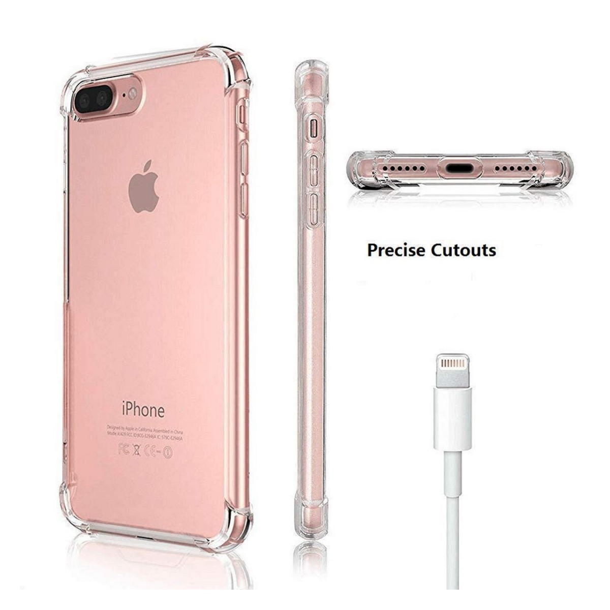 Funda transparente para teléfono, iPhone, con cable cargador. Recortes precisos visibles.