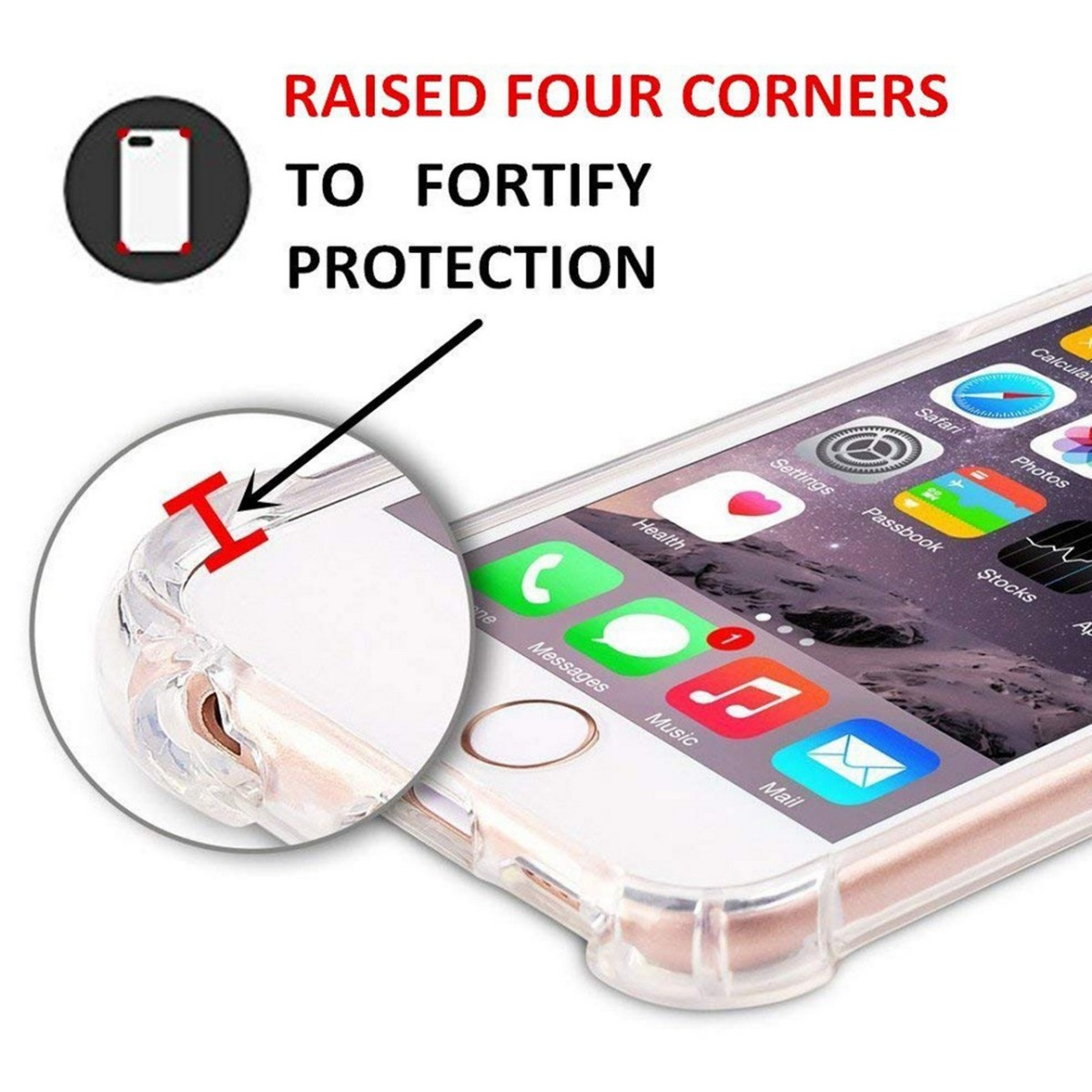 Funda transparente con un teléfono que muestra iconos de aplicaciones.