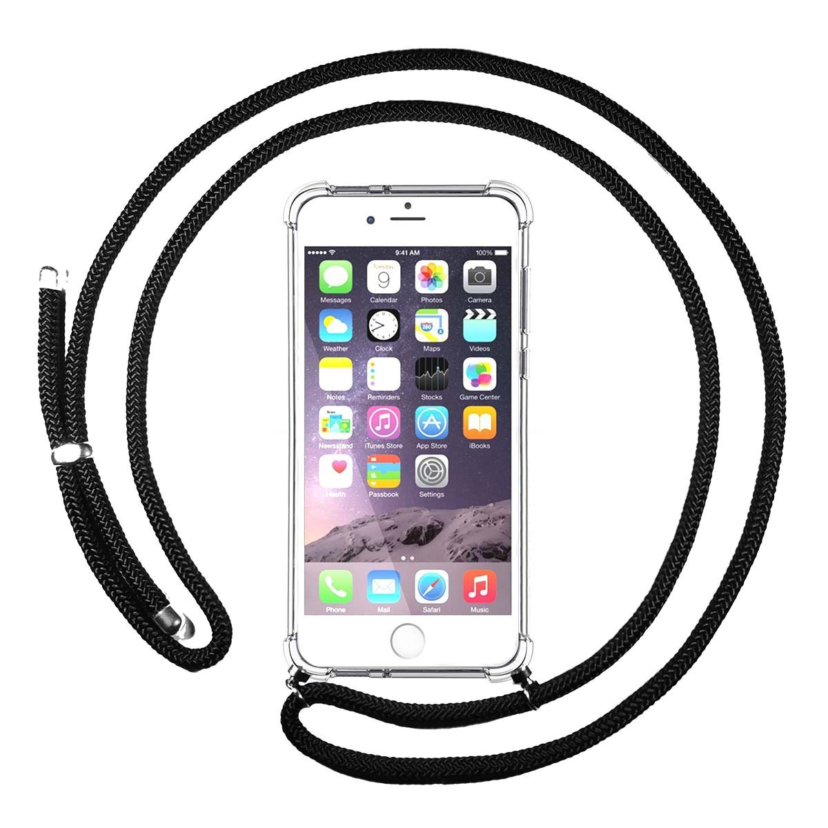 Teléfono con una cuerda negra alrededor. La pantalla muestra la interfaz del iPhone con iconos.
